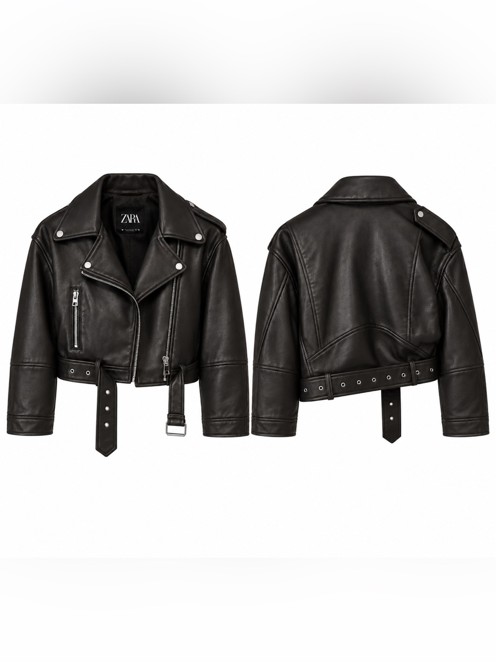 ZARA Black Cropped Leather Biker Jacket with Belt